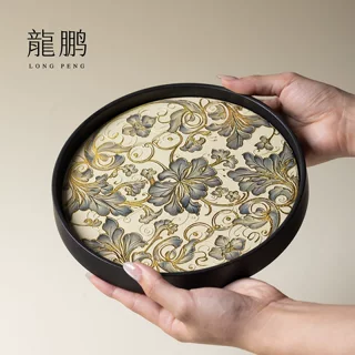 龙鹏浮雕描金陶瓷吸水茶盘高颜值花卉图案干泡盘家用小号圆形茶台