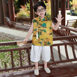 男童汉服套装新款中式唐装六一儿童碎花背心套装日常古装男孩演出