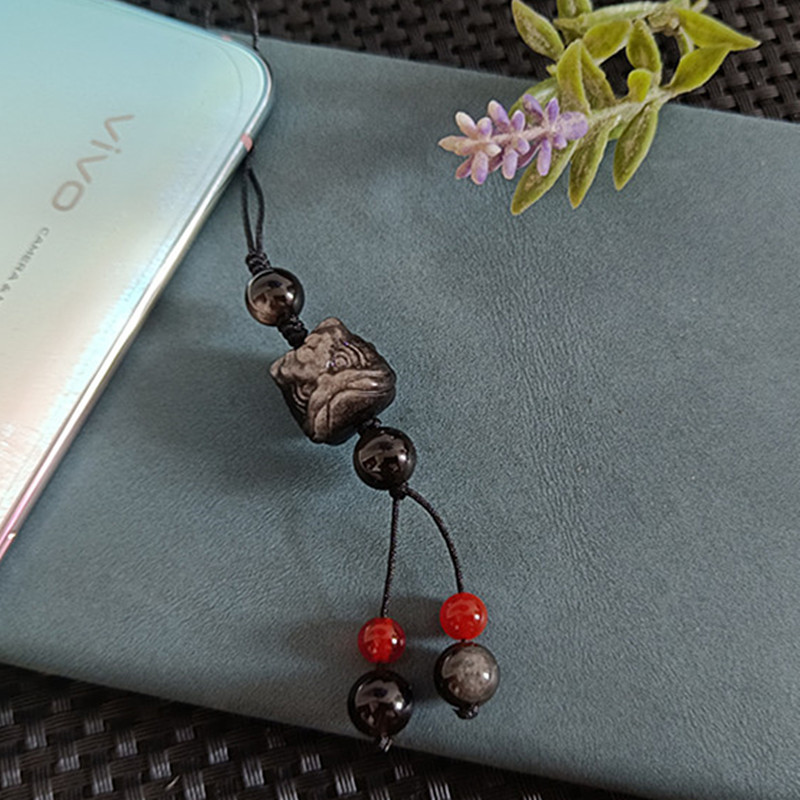 실버 흑요석 사자 휴대 전화 체인