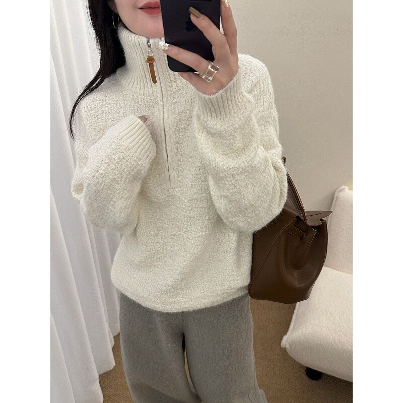 Minimalist Style Lamb Wool High-Neck Half-Zip Sweater for Women, Autumn and Winter Korean Style Versatile Knitwear, Loose Base Layer Top
