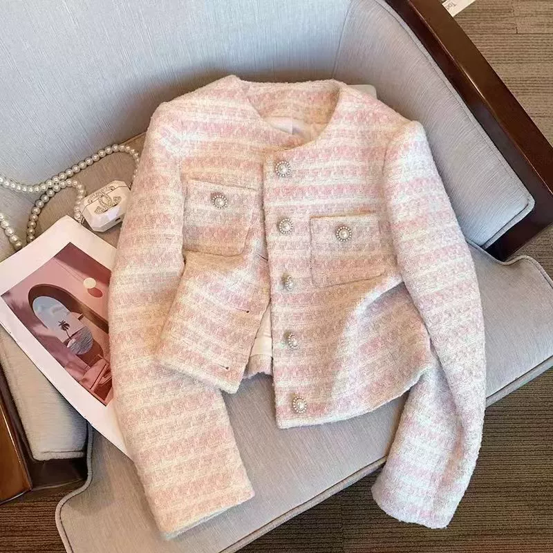 Женская осенняя укороченная куртка, твид в стиле Chanel, длинные рукава, с подкладкой — яркие цвета