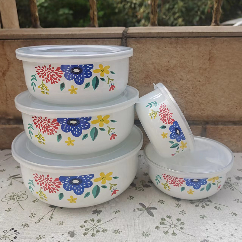 Esmalte de esmalte con tapa hogar fresco mezclado ensalada frutero refrigerador almacenamiento apilable 5 piezas tazón de arroz tazón de sopa