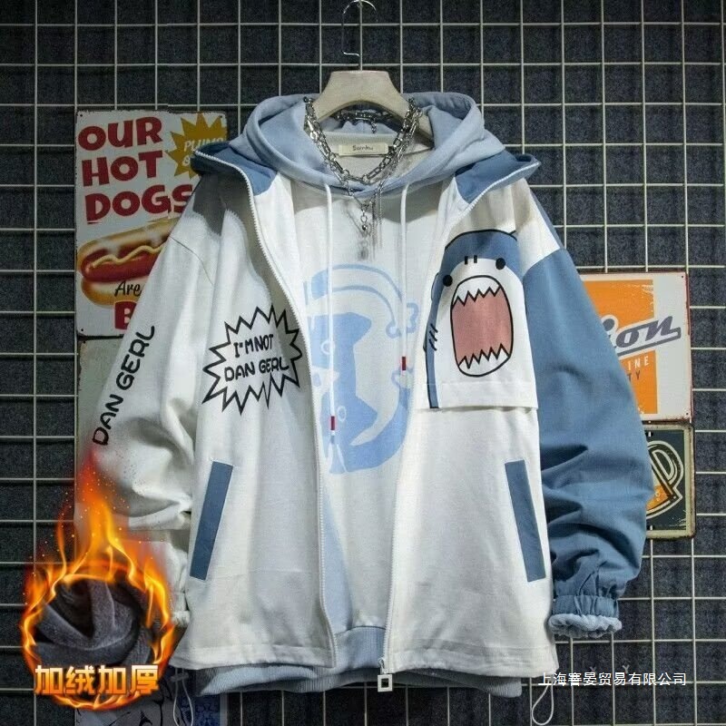 2026 Trendy Brand New Color-Blocked Shark Monster Jacket for Men, Korean Style Loose-Fitting Youth Hooded Jacket
