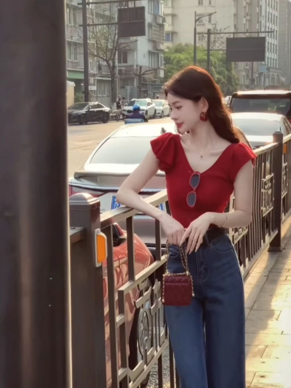 红色V领短袖针织衫正肩女夏季修身显瘦纯欲辣妹小飞袖短款上衣|undefined
