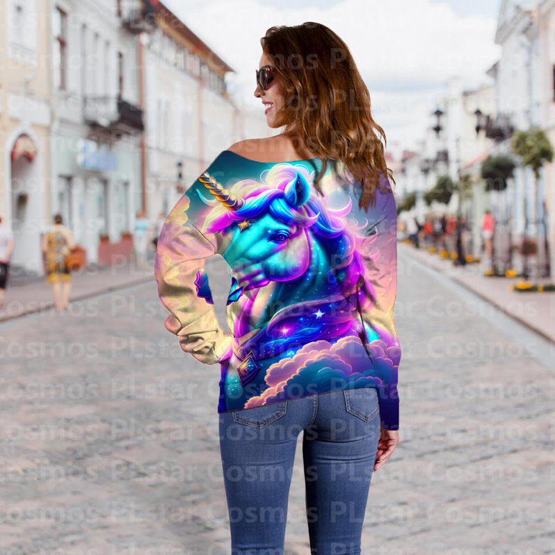 Cross-Border Top with 3D Unicorn Print Wgwe Women's Off-Shoulder Sweatshirt Egg Base Shirt