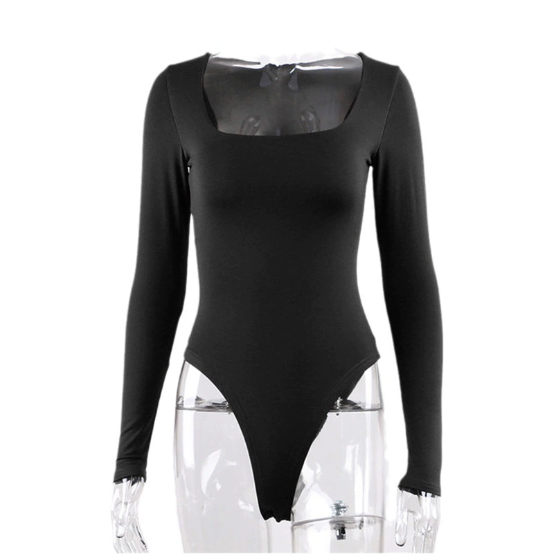 Women's One-Piece Bodysuit, Square Neck, Long Sleeve, High-Cut Style (Solid Colors)