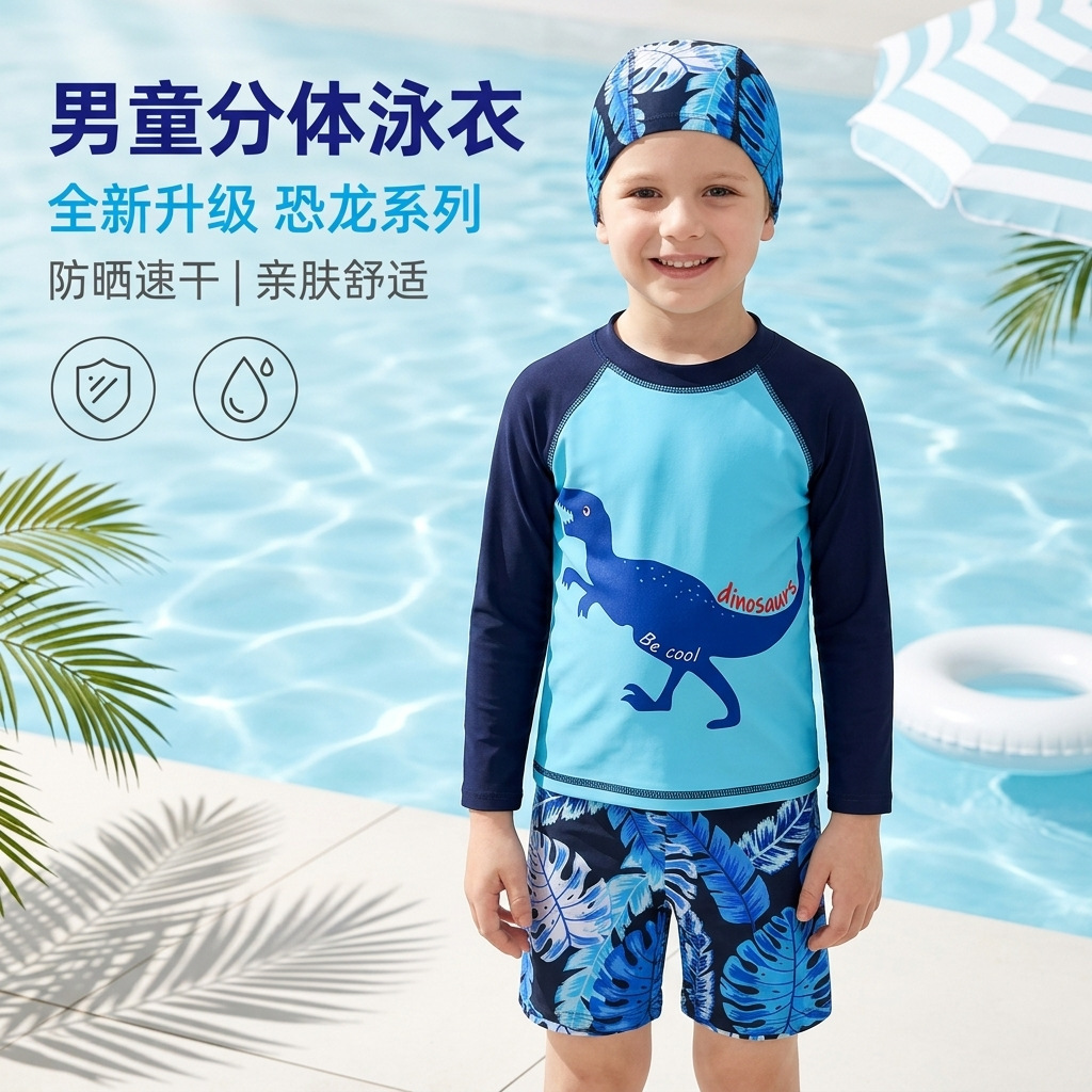 Conjunto de traje de baño para niños de 7 a 12 años, conjunto de tres piezas, diseño de dinosaurio de dibujos animados, protección solar, secado rápido, conjunto de traje de baño de manga larga para niños mayores image 18