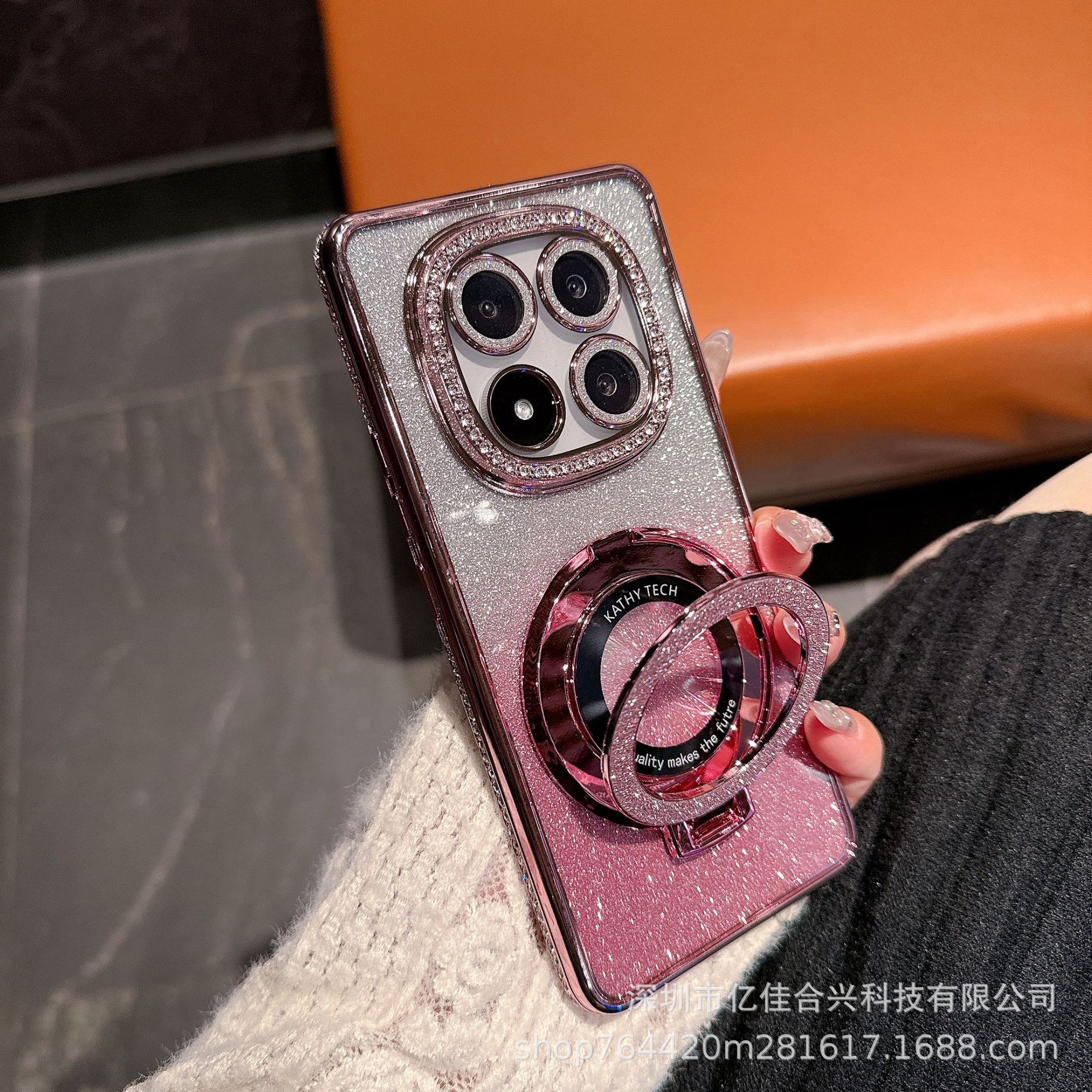 Aplicable Redmi NOTE14PRO Rhinestone Retocador Espejo Estuche para teléfono Xiaomi 14T todo incluido Soporte magnético de brillo