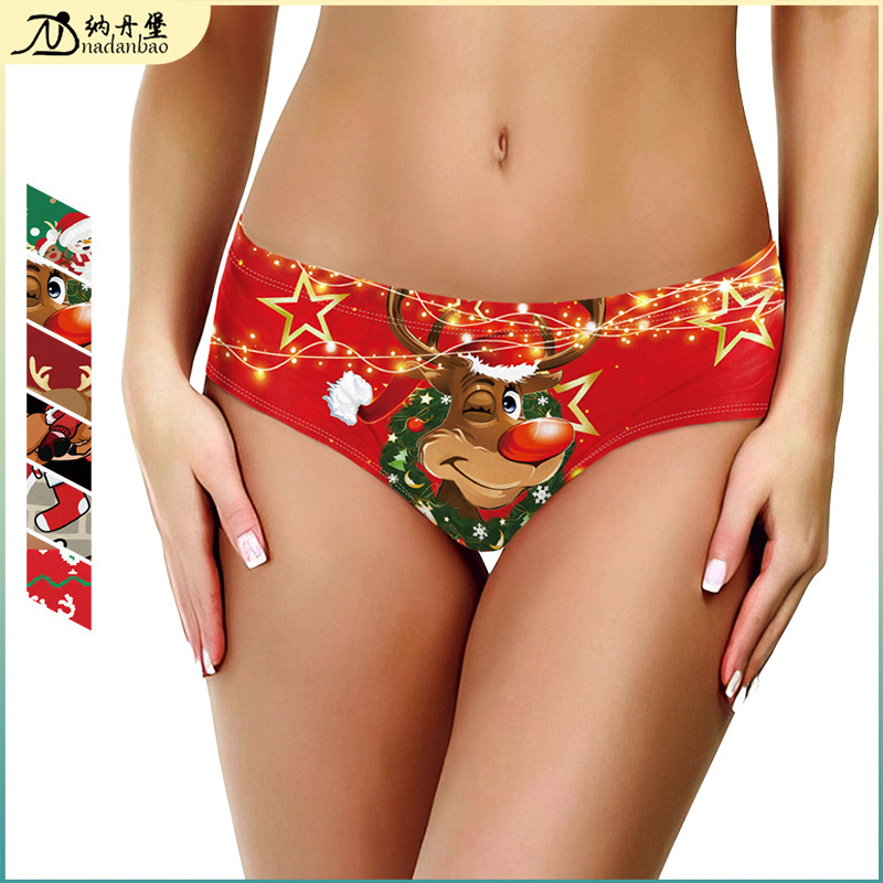 2024 Cross Border Printed Christmas Panties Women Sexy Briefs Cartoon Shorts Santa Claus Digital Printed Panties
