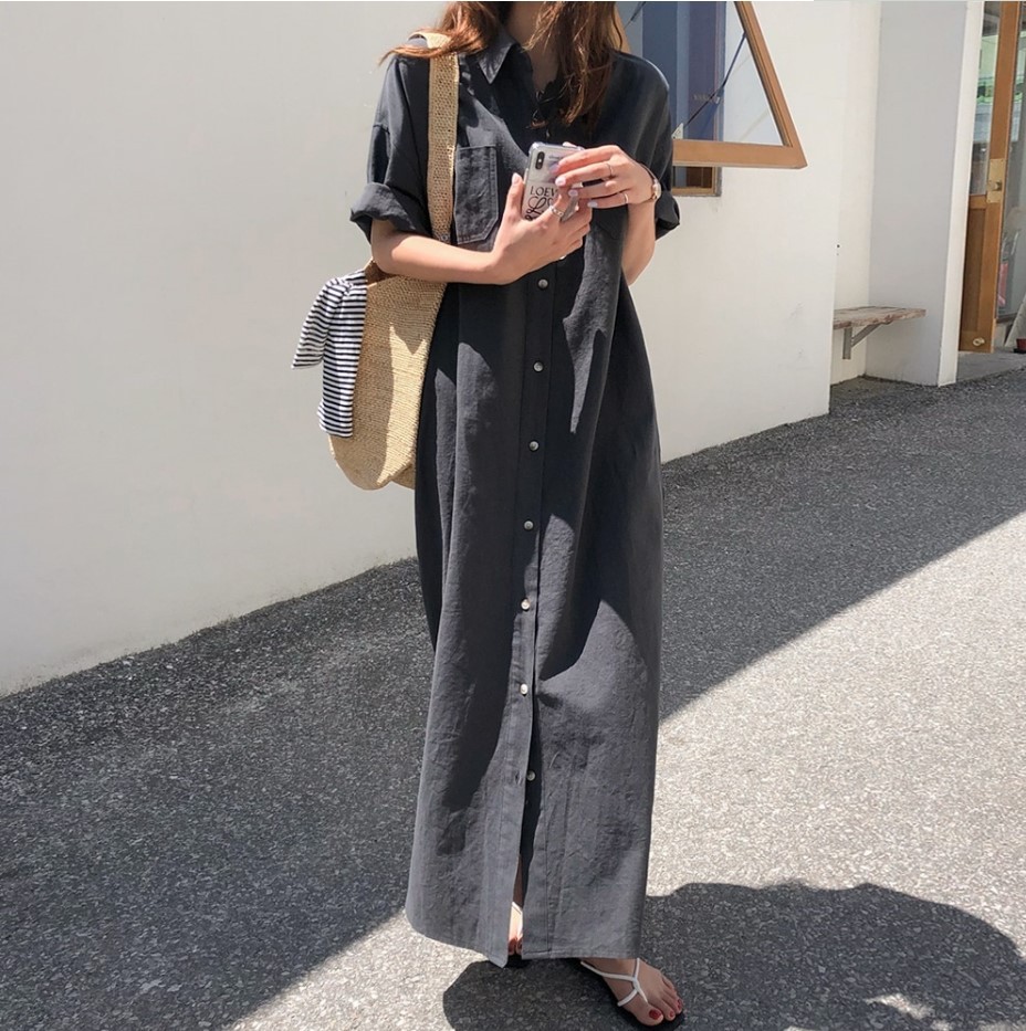 Korean Summer Short Sleeve Long Pattern Dress Loose Lazy Over The Knee Shirt Dress Women