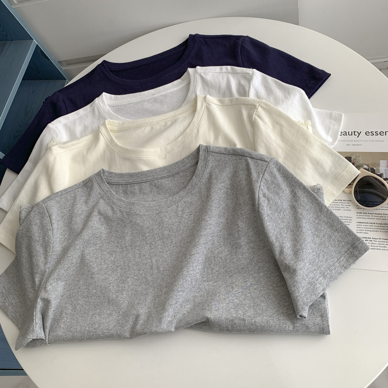 Cotton Lace Hem Short-sleeved T-shirt Design Crew Neck Shoulder Slimming Little T-shirt All-match Top 2025 New Cotton Lace Hem Short-sleeved T-shirt Design Crew Neck Shoulder Slimming Little T-shirt All-match Top 2025 New