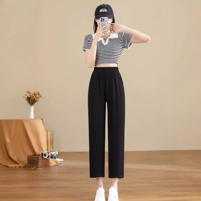 夏用薄手のショートパンツ、背の低い女性向けのアイスシルクパンツ、薄手のカジュアルストレートパンツ、スリムでドレープ感のある9点パンツ|undefined
