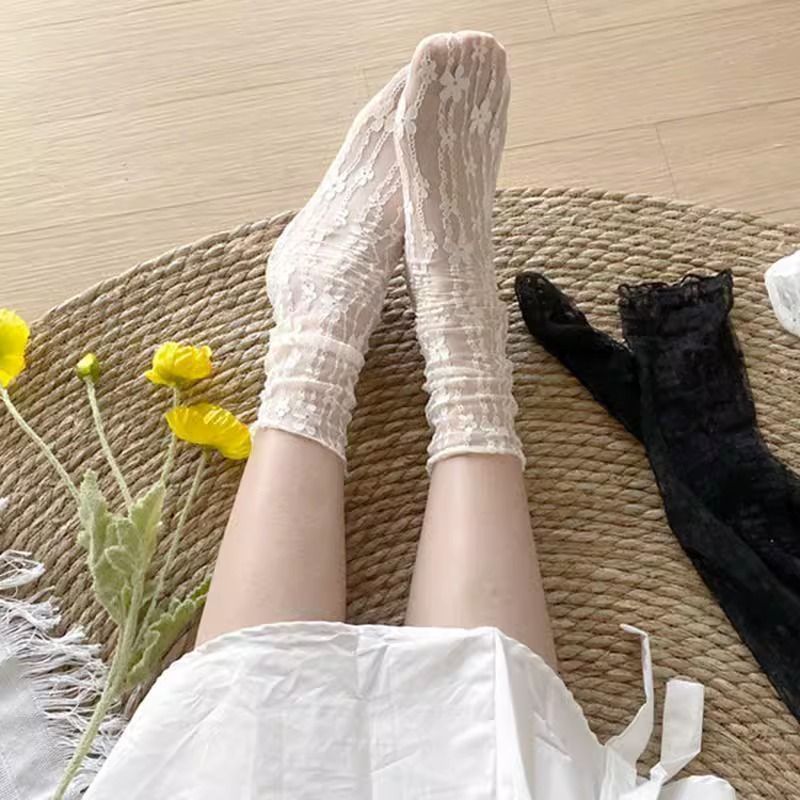 レースの重ね履きソックス、甘い白い花柄のふくらはぎ丈ソックス、ミドル丈のメリージェーン、夏用超薄型|undefined