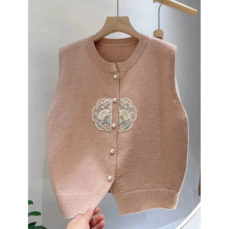 Новый китайский стиль национальный стиль кардиган без рукавов жилет женский 2024 весна новый китайский стиль вышивка трикотаж