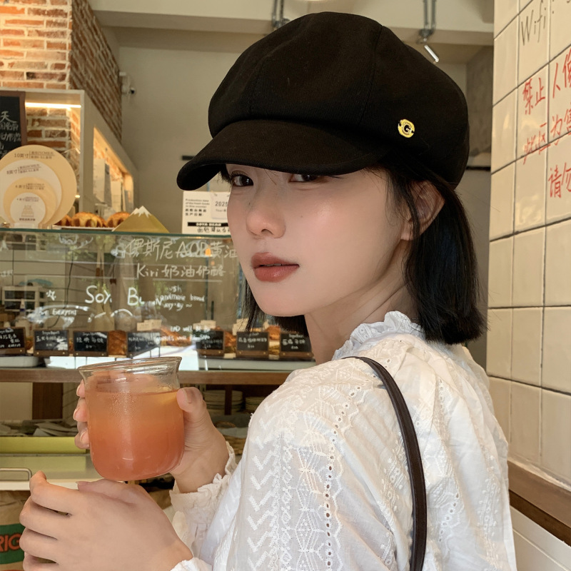 日系复古黑色云朵贝雷帽女春秋新款百搭大头围显脸小八角画家帽子|undefined
