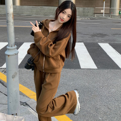 大码胖mm日系休闲运动阔腿裤套装女300斤秋季连帽开衫卫衣两件套