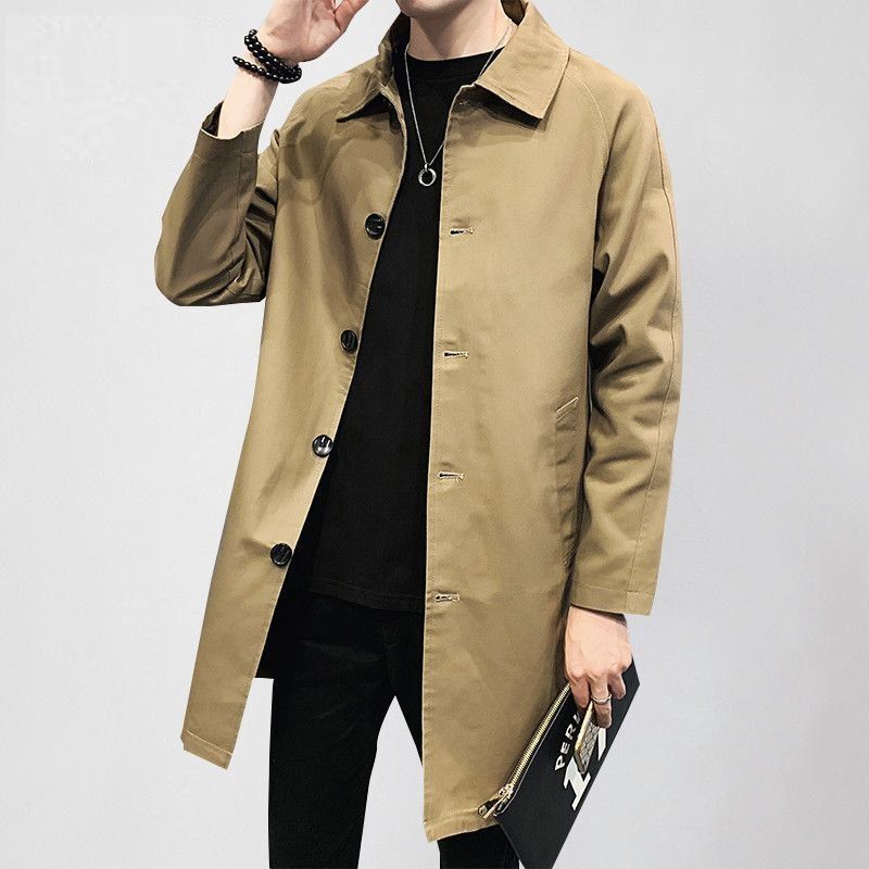 春秋季风衣男中长款外套男休闲宽松大衣高级轻熟潮牌帅气翻领大码|undefined
