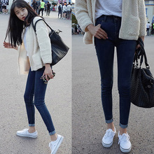 秋季韩国纯色韩版深蓝色紧身裤 牛仔 简约小脚裤 女 显瘦铅笔长裤