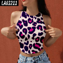 2021亚马逊夏季吊带背心上衣女式挂脖上衣印花圆领无袖露脐背心