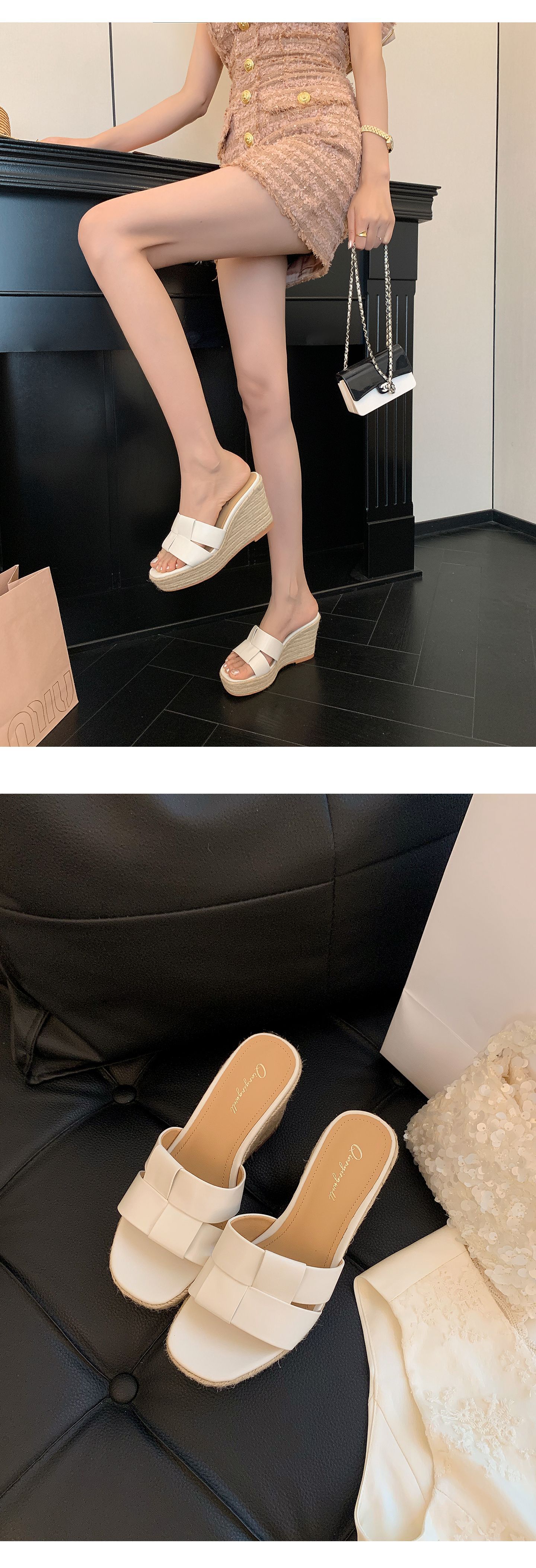 Dép sandal nữ xỏ ngón đế bệt hở mũi chấm bi phong cách lười — Da bò trắng, Satin trắng chi tiết 15