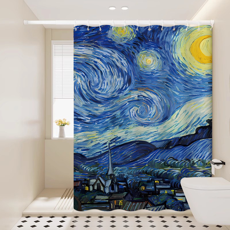 Van Gogh Oil Painting Landscape Waterproof Thickened Shower Curtain Bathroom Toilet Dry and Wet Separation No-Drill Partition Curtain