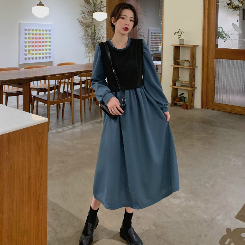 2024 spring new Korean style stitching fake two-piece midi dress French retro elegant waist slimming dress 2024 spring new Korean style stitching fake two-piece midi dress French retro elegant waist slimming dress