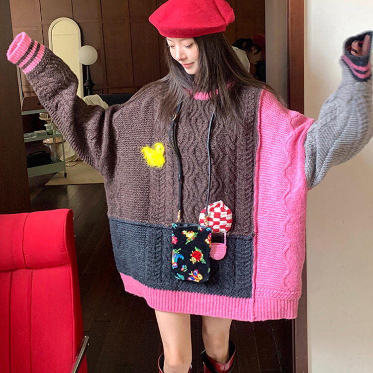 2024 Autumn and Winter New Duck Hot Air Balloon Contrast Color Twisted Flower Fashion All-match Age-reducing Crewneck Knitted Pullover Sweater