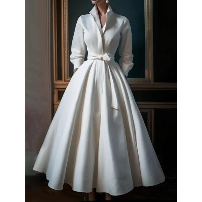 Women's Elegant Shirt Dress Long Sleeve Stand Collar White|undefined