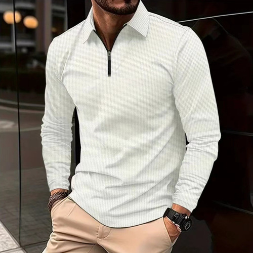 Comfortable Long-Sleeve Honeycomb Polo Shirt for Men - Western Style, Plus Size, Summer, Thin, Solid Color