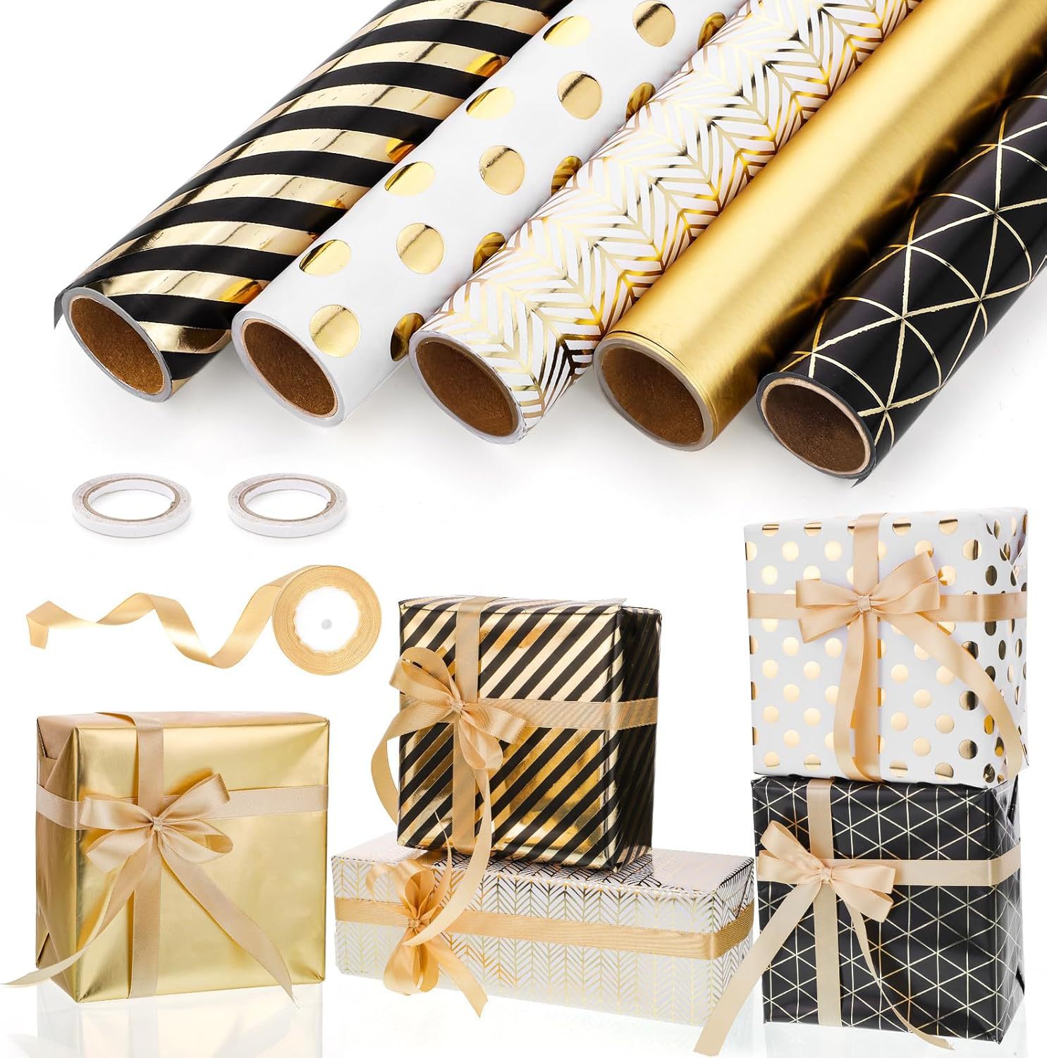 Suministro exclusivo transfronterizo de regalos para el Día de San Valentín, estampado en caliente con lámina dorada, papel de regalo de feliz cumpleaños, rollo de papel de lunares de gran tamaño al por mayor.