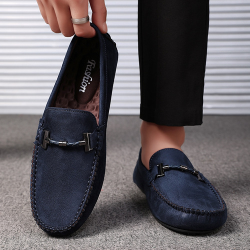 2025 New Four-Season Men's Shoes Korean Style Fashion Casual Slip-On Soft Sole Fleece Bean Shoes Flat Men's Shoes
