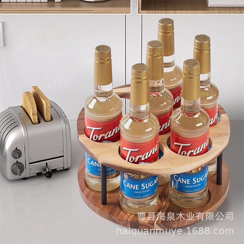 Wooden beer beverage bottle organizes double -layer rotatable kitchen seasoning tank storage rack solid wood wine bottle shelf