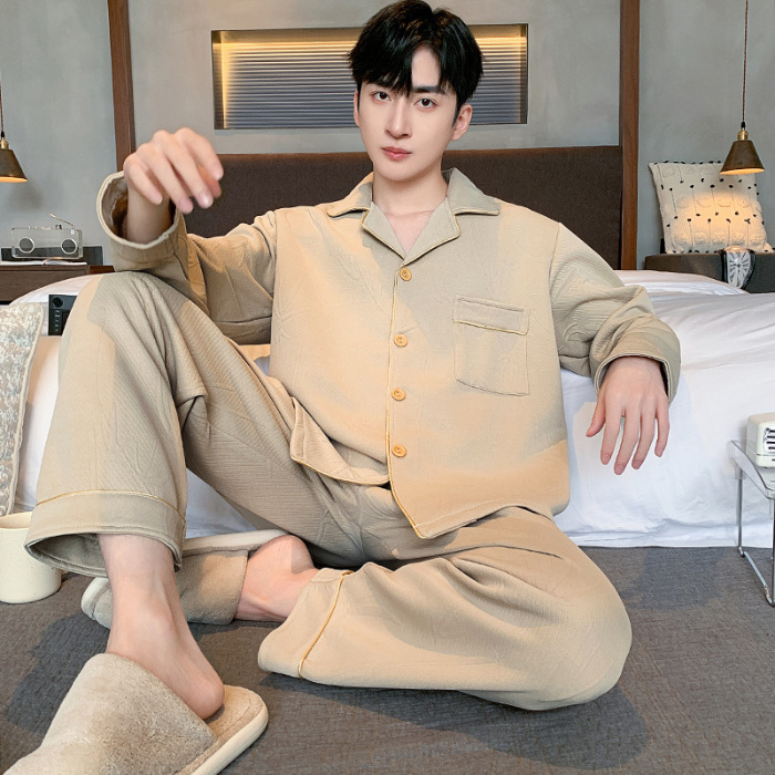 Pijama de algodón de aire para hombres primavera y otoño invierno intercalado de manga larga de algodón para jóvenes engrosados Cardigan conjunto de ropa para el hogar