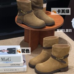 真皮磨砂复古套筒切尔西靴女2025秋冬新皮带扣英伦风时尚百搭短靴