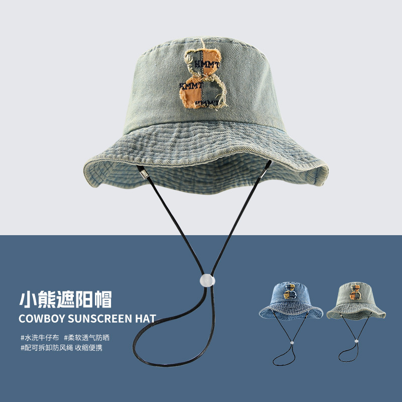 Oso vaquero sombrero de pescador primavera y verano para mujer nuevo estilo japonés todo-fósforo cabeza grande sombra protector solar sombrero de cuenca retro cara pequeña