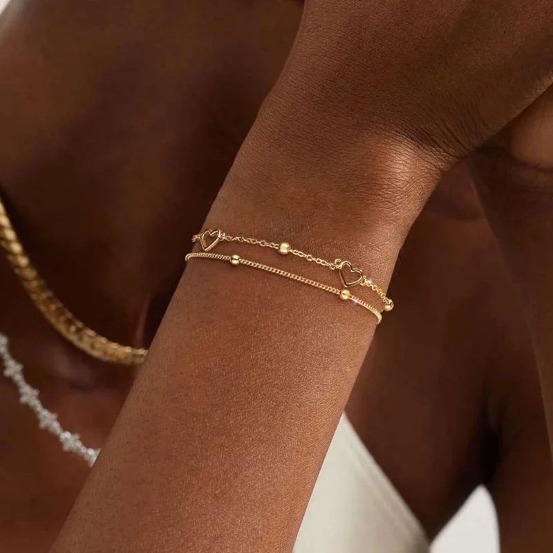Elegant Double Layer Heart Bracelet With Minimalist Bead Chain_voghion.com