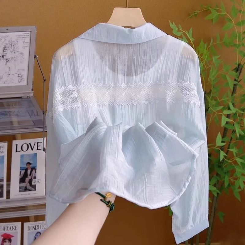 Blue Polo Collar Thin Sun Protection Shirt for Women Summer New Lace Splicing Light and Breathable Cardigan Shirt Jacket