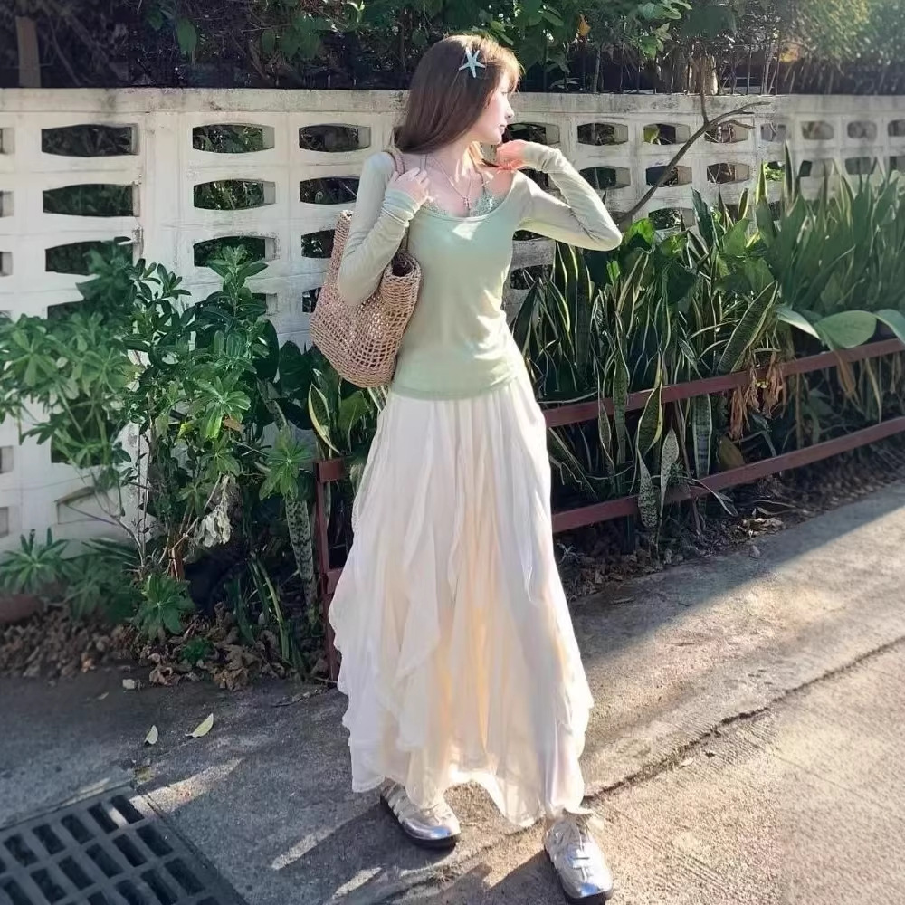 蛋糕裙女春夏新款高腰显瘦韩系温柔风白色多层蕾丝a字蓬蓬长裙子