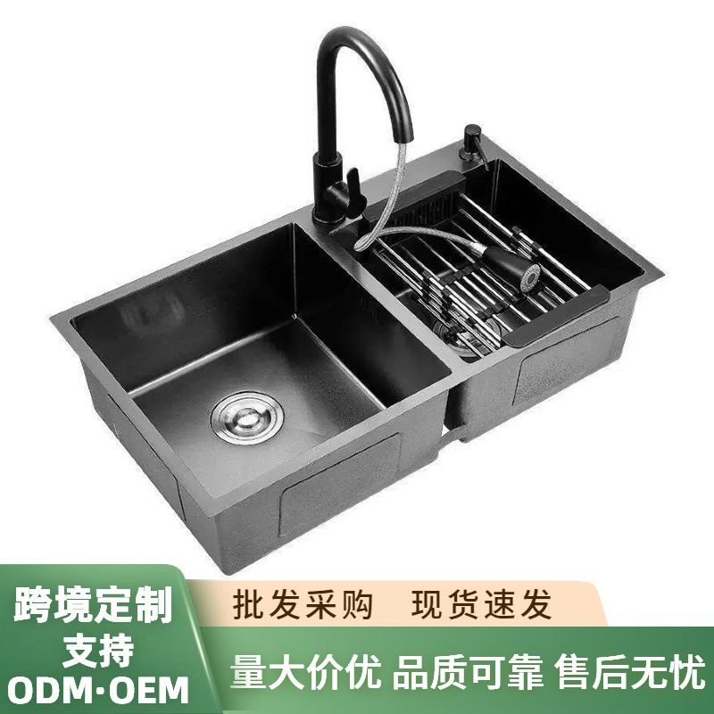 黑金刚双槽厨房洗菜加厚304纳米手工不锈钢家用洗碗洗碗池水槽