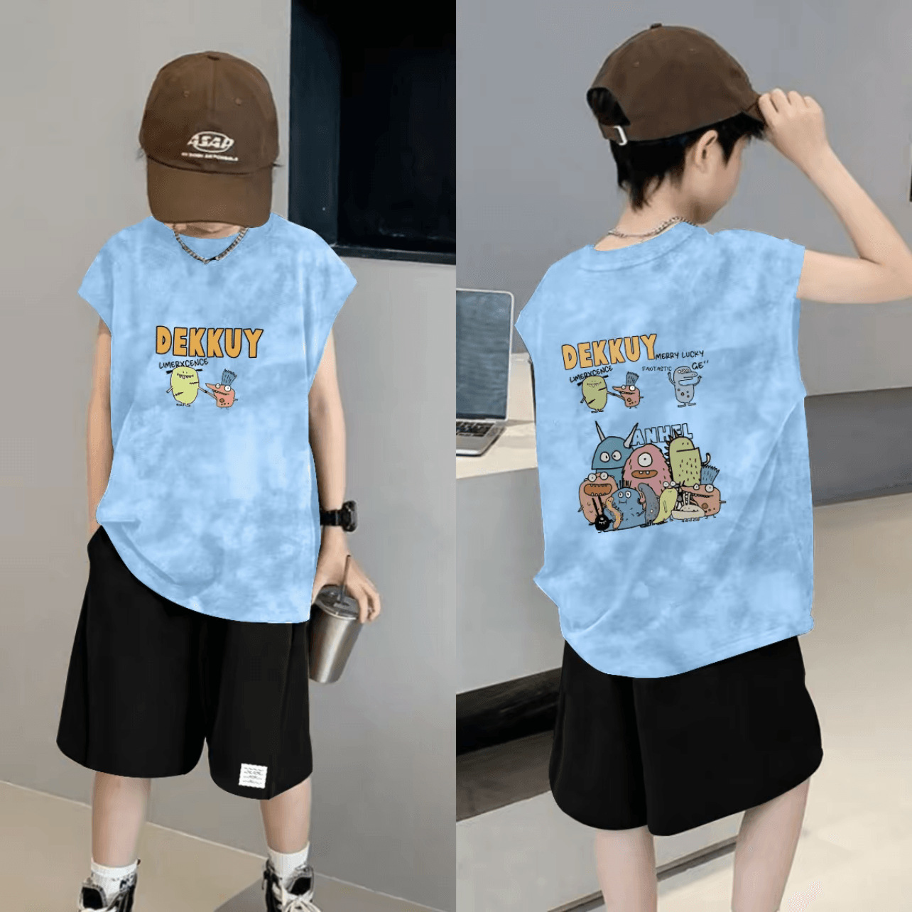 Boys' sleeveless vest, 2025 summer new style, pure cotton tie-dye trendy and versatile sleeveless vest for medium and large children.