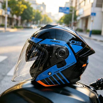 Motosiklet kaskı (dəbilqə) — motorcycle helmet for cross-border trade - op05-blue-orange-cruise-transparent-lens-m