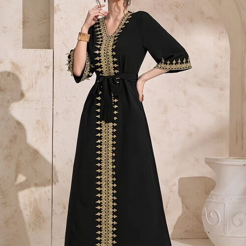 Bestselling Heavy Duty Gold Thread Embroidered Edge Elegant Black Belt Long Dress Middle Eastern Cover-up