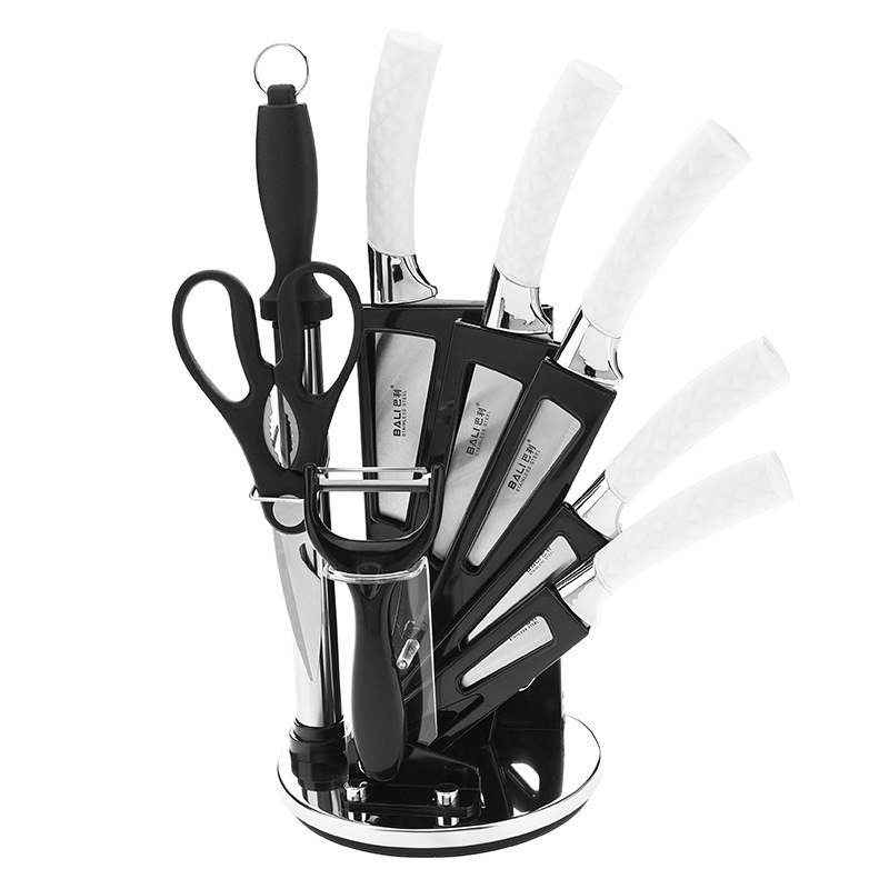 Spot patrón de diamante mango asiento giratorio juego de nueve piezas cuchillo de cocina juego completo juego de cuchillos de cocina para el hogar de acero inoxidable