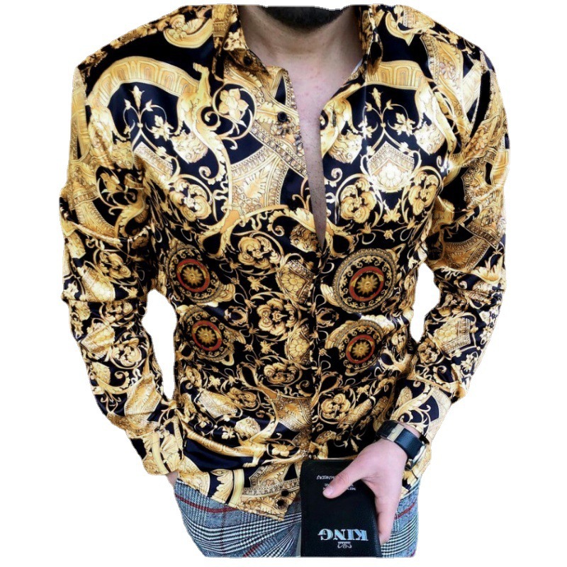 Youth Slim-fit Printing Spring And Autumn Casual Lapel Long-sleeved Shirt Top