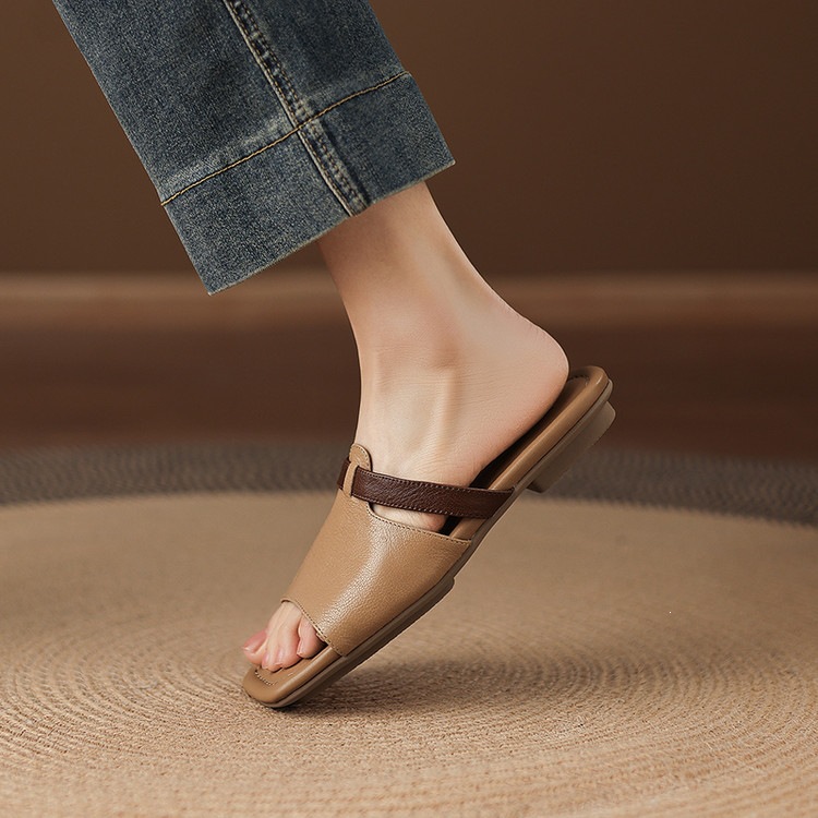 Dép sandal nữ xỏ ngón đế bệt phối màu hở mũi thời trang — màu trắng ngà, màu mơ chi tiết 54