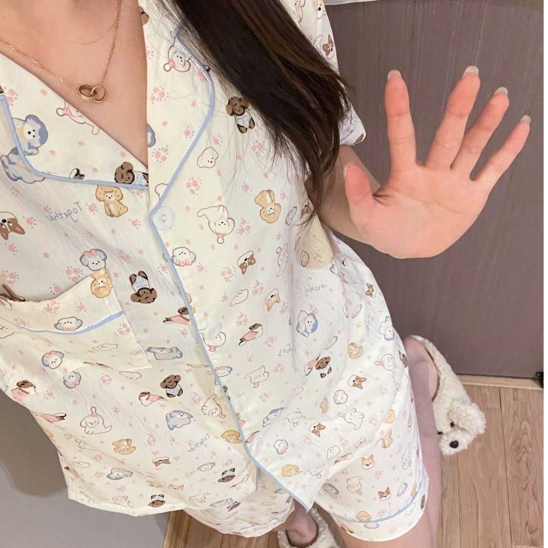 Vietnam transfronterizo al por mayor nube de algodón lindo oso pijamas verano mujeres pantalones cortos de manga corta cardigan casual dibujos animados servicio a domicilio