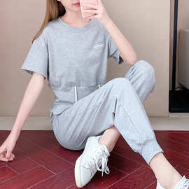 亚马逊跨境宽松夏季新款束脚卫裤两件套韩版运动服休闲短袖套装女