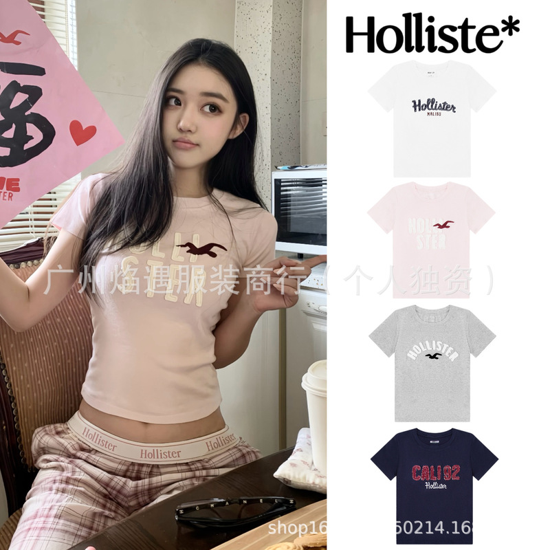 In-Stock Korean Holliste* Little Seagull Classic Patch Embroidery Letter Embroidery Slim-Fit Short-Sleeve T-Shirt Korean Style Top