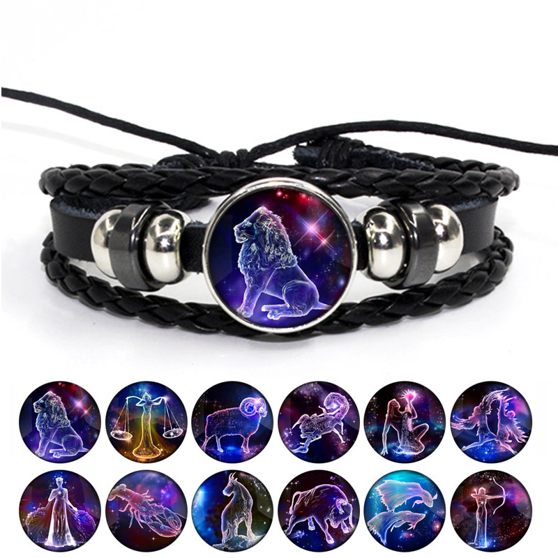 AliExpress deseo transfronteriza joyería vintage cuero cuerda tejida combinación tiempo joya pulsera doce constelación conjunto completo Q