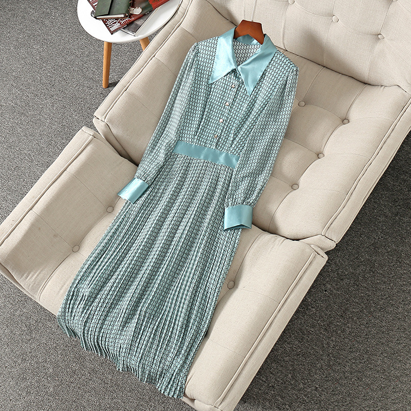 霓潮女装212268 春季新品翻领长袖长款百褶裙时尚气质优雅连衣裙